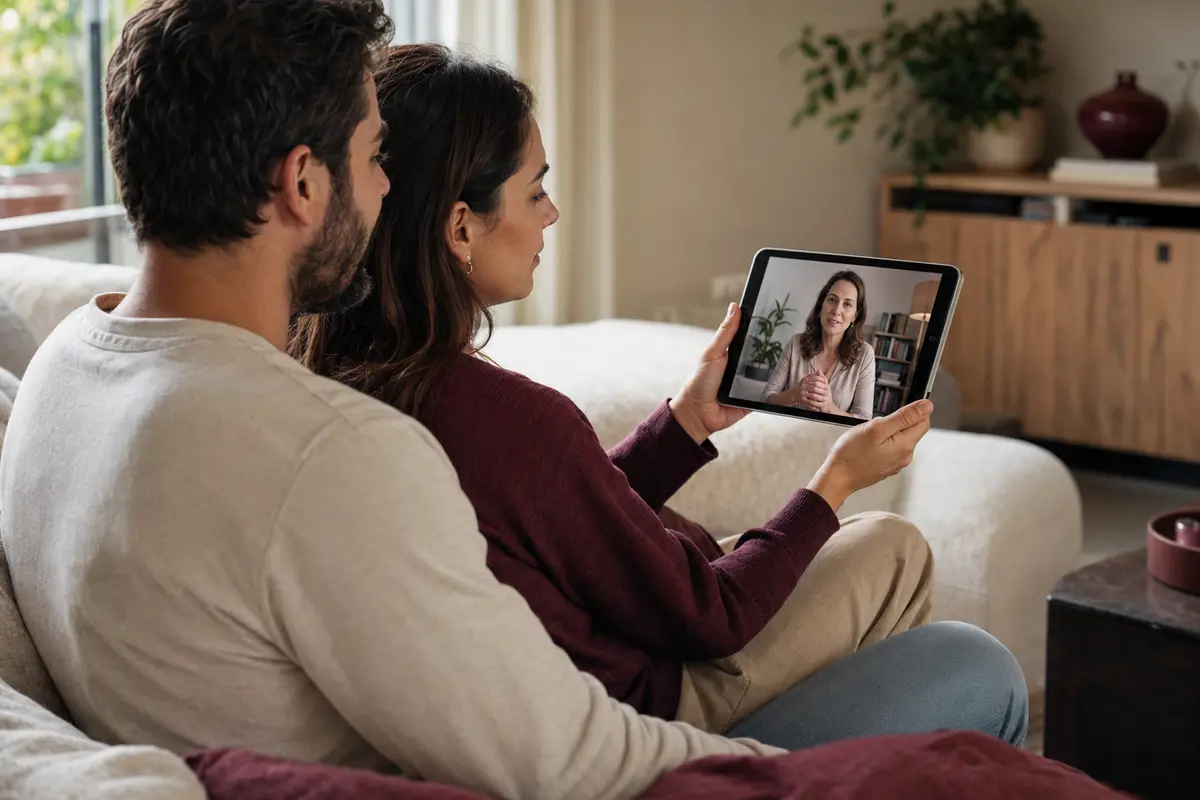 Casal participando de uma sessão de terapia de casal online pelo tablet