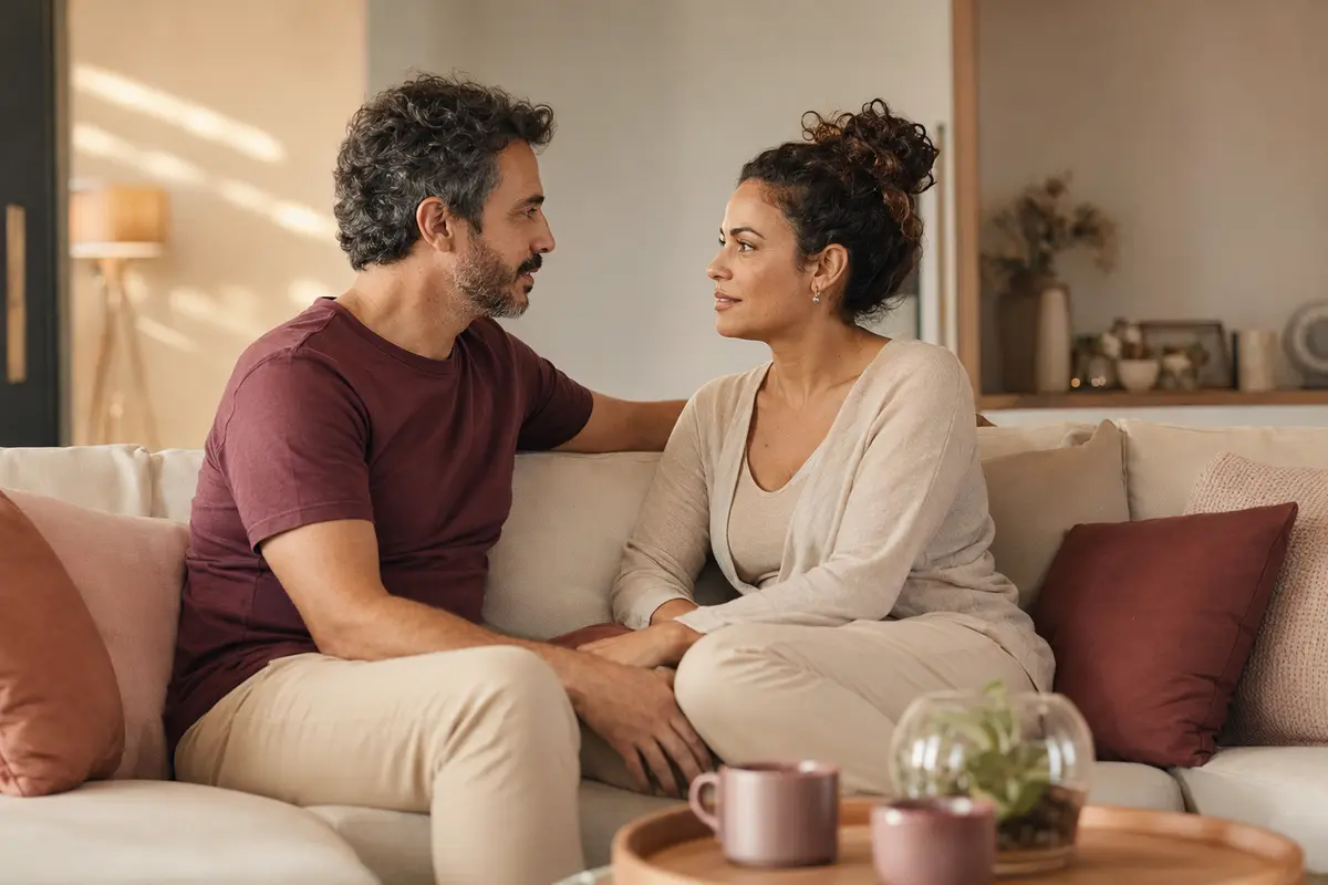 Casal sentado no sofá durante uma conversa acolhedora
