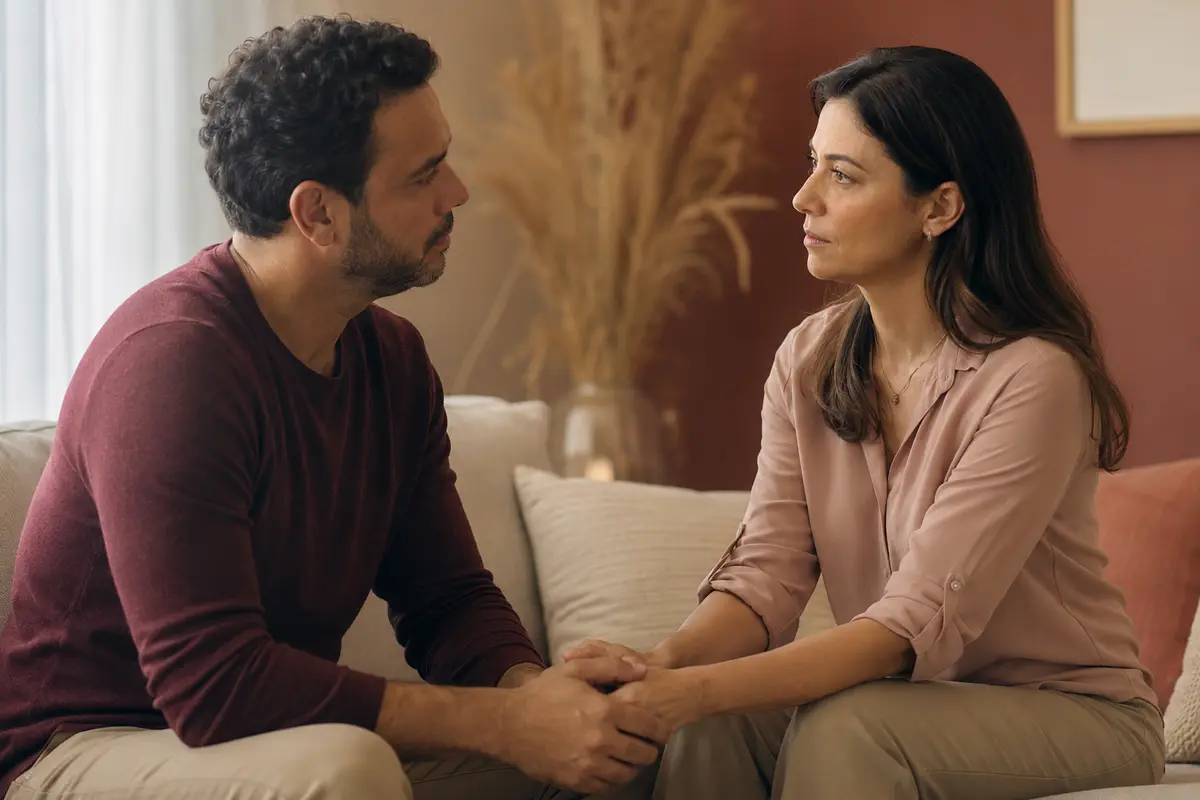 Casal conversando com cuidado sobre a reconstrução da confiança